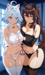 2girls ai_generated black_bra black_nails black_panties black_thighhighs breasts cat_cutout cat_ears cat_lingerie cleavage cleavage_cutout clothing_cutout female female_focus female_only furina_(genshin_impact) genshin_impact hu_tao_(genshin_impact) large_breasts light-skinned_female light_skin looking_at_another multiple_girls neck_bell panties shiny_skin side-tie_panties thick_thighs thighhighs thighs white_bra white_panties white_thighhighs wide_hips yuukiai