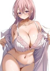 absurdres bare_shoulders blush bra breasts cleavage closed_mouth collarbone earrings female glasses hair_between_eyes highres huge_breasts jewelry kantai_collection long_hair long_sleeves looking_at_viewer midriff navel panties pink_hair purple_eyes s_potato1663 shirt simple_background solo thighs tsukishiro_yanagi underwear undressing white_background white_shirt wide_hips zenless_zone_zero