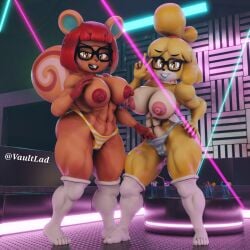 2girls 3d 3d_(artwork) abs animal_crossing anthro bikini bikini_bottom breasts brown_fur canid canine dance_floor domestic_dog duo female furry furry_female furry_only glasses hazel_(animal_crossing) indoors isabelle_(animal_crossing) long_socks looking_at_viewer mammal muscular muscular_anthro muscular_female nightclub nintendo nipple_piercing nipples open_mouth posing red_hair rodent short_hair socks squirrel tail tree_squirrel v_sign vaultlad white_socks