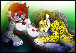 anthro balls closed_eyes collar cum cum_in_mouth cum_inside cum_on_penis duo erection fangs feline fellatio gard3r leopard male mammal nude open_mouth oral penis sex simple_background smile spots teeth tongue yaoi