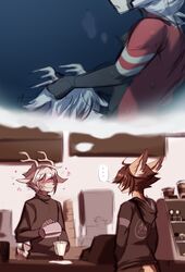 <3 ambiguous_species anthro beverage biped blush canine cervine clothed clothing coffee deer digital_media_(artwork) duo fantasizing fireflufferz foof_(character) fox fully_clothed fur hair heart hoodie male mammal oral shen_(character) smile standing text