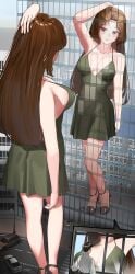 anime_style arm_over_head arm_up arms back black_boots black_dress black_shirt black_shoes blush blush breasts breasts brown_eyes brown_hair building buildings car cars city digital_art dress eyes_open giantess kkasi00 legs long_hair looking_at_self macrophilia mirror mouth_closed neck perspective pixiv pov shoes skyscraper speech_bubble street through_window tiny_person unaware vehicle vehicles white_skin window windows