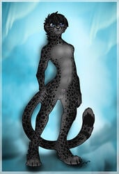 1boy animal_genitalia anthro balls blue_eyes cheetah feline fur gard3r hair male male_only mammal navel nude penis sheath simple_background smile solo standing