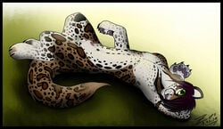 1boy animal_genitalia anthro balls feline gard3r green_eyes hair looking_at_viewer lying male male_only mammal navel nude ocelot on_back penis sheath simple_background smile solo