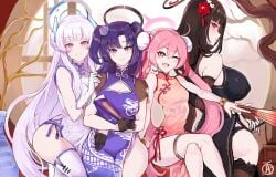 4girls ;d alternate_costume alternate_hairstyle arm_support armband arms_under_breasts ass bare_arms bare_legs bare_thighs big_ass black_hair black_halo black_panties blue_archive blue_eyes blue_hair blue_halo blush blush_stickers breast_press breasts bridal_gauntlets brown_hair china_dress chinese_clothes cleavage cleavage_cutout clothing_cutout covered_navel covered_nipples crossed_legs dress female female_only flower gloves grabbing_another's_arm grin hair_flower hair_ornament half_gloves halo hand_fan highres holding holding_fan holding_smoking_pipe indoors koyuki_(blue_archive) large_breasts long_hair looking_at_viewer looking_back medium_breasts multiple_girls narrow_waist noa_(blue_archive) oerba_yun_fang one_eye_closed panties pink_halo plant purple_eyes red_eyes revolverwingstudios rio_(blue_archive) seminar_(blue_archive) side_slit sitting skindentation sleeveless sleeveless_dress small_breasts smile smoking_pipe standing star-shaped_pupils star_(symbol) symbol-shaped_pupils thighs twintails underwear very_long_hair white_hair white_halo wide_hips yuuka_(blue_archive)