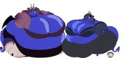 2girls bbw big_breasts blueberry_inflation breasts cleavage female helluva_boss huge_breasts inflation mad_n_evil oc ocs original_character original_characters overweight tagme thick_thighs vivziepop weight_gain wide_hips