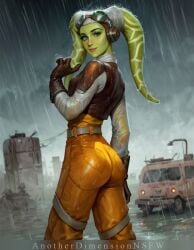 ai_generated anotherdimensionnsfw ass ass_focus blue_eyes butt_focus cartoony clothed cute cute_face green_skin hera_syndulla lekku star_wars star_wars_rebels stylized twi'lek wet wet_body wet_clothes wet_clothing