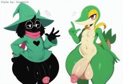 absurd_res ai_generated anthro balls big_balls big_butt big_penis black_body blush bottomless bovid caprine clothed clothing deltarune duo erection eyewear flaccid foreskin generation_5_pokemon genitals gesture girly glans glasses goat hat headgear headwear hellsonger hi_res huge_balls huge_butt huge_cock huge_hips huge_thighs humanoid_genitalia humanoid_penis hyper_hips looking_at_viewer male mammal nintendo nude penis pink_glans ralsei reptile rule_63 scalie scarf simple_background smile snivy teapot_(body_type) thick_thighs undertale_(series) vein veiny_penis white_background wide_hips