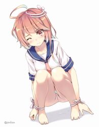 3; ahoge amagai_tarou anus ass barefoot bondage bottomless bound clitoris feet female hair hair_ornament hands_on_feet i-58_(kantai_collection) kantai_collection no_panties nude_filter one_eye_closed photoshop pink_hair pussy red_eyes school_uniform serafuku short_hair solo squatting submarine sweatdrop text tied_up toes translated twitter_username uncensored white_background