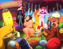 2016 5girls adventure_time areola blonde_hair bmo breasts brown_skin cartoon_network computer desktop drockdraw electronics female finn_the_human fire_elemental flame_princess floating fucked_silly giantess human jake_the_dog large_breasts male marceline muscular_female nipples pale_skin perky_breasts princess_bubblegum pussy susan_strong vampire