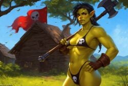 ai_generated ass axe axe_over_shoulder bikini bikini_bottom bikini_top black_bikini black_bikini_bottom black_bikini_top black_hair black_thong braided_ponytail breasts butt day earrings female female_only fingerless_gloves gloves green-skinned_female green_skin hand_on_hip hips holding_axe holding_melee_weapon holding_object holding_weapon house long_hair looking_at_viewer melee_weapon orc orc_female outdoors ponytail red_eyes skull_print_bikini solo solo_female thighs thong weapon weapon_over_shoulder wide_hips wooden_house
