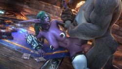 1boy 1girls 3d anal anal_sex anal_sex big_ass big_breasts blizzard_entertainment canine_penis female green_hair huge_breasts interspecies legs_held_open navel_piercing night_elf purple_skin pussy sex thick_thighs thighhighs tyrande_whisperwind voluptuous voluptuous_female warcraft wide_hips worgen world_of_warcraft zentaeron