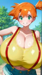 1girls ai_generated big_breasts breasts cleavage denim_bottomwear denim_clothing denim_shorts female female_focus female_only game_freak huge_breasts jiuyang-hsien kasumi_(pokemon) large_breasts nintendo orange_hair pokemon short_hair solo tank_top