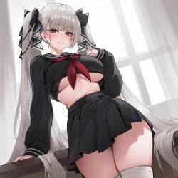 ai_generated azur_lane blush earrings female formidable_(azur_lane) formidable_(the_lover's_heart_flutters_on_duty)_(azur_lane) large_breasts light-skinned_female long_hair looking_at_viewer navel red_eyes room roxor school_uniform skirt smile solo thighhighs twintails underboob