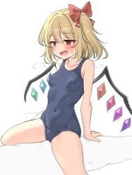 1boy :d absurdres blonde_hair blue_one-piece_swimsuit blush bow breasts collarbone commentary_request covered_navel covered_nipples crystal_wings female flandre_scarlet grinding hairbow highres multicolored_wings oerba_yun_fang one-piece_swimsuit open_mouth red_bow red_eyes short_hair side_ponytail simple_background skin_fang small_breasts smile spread_legs straight sweatdrop swimsuit touhou white_background wings youmu-kun