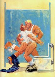 2boys anos_nemos_(david_martin) ass balls bara bathroom blonde_hair brown_hair erection foreskin gay glory_hole hangman jockstrap jockstrap_around_one_leg kissing light_skin male male_only muscular nipples_visible_through_clothing original pants_around_one_leg pants_down penis public_bathroom public_restroom simple_background tan_skin tank_top tanline toilet toilet_stall traditional_media uncircumcised white_shirt white_tank_top yaoi yellow_background