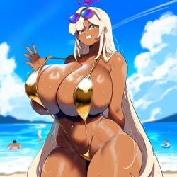 ai_generated ameanon beach big_breasts breasts breasts_bigger_than_head cleavage dark-skinned_female gold_bikini hololive hololive_english hololive_english_-council- huge_breasts large_breasts sideboob sling_bikini slingshot_swimsuit thick_thighs tsukumo_sana virtual_youtuber vtuber