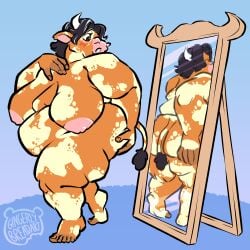 2025 admiring_self anthro areola ass belly big_areola big_belly big_breasts big_butt blush bovid bovine breasts cattle feet female fur gingerlybreadart hand_on_butt hi_res horn huge_breasts looking_at_reflection mammal mirror mottled mottled_body mottled_fur nipples obese obese_anthro obese_female overweight overweight_anthro overweight_female reflection rule_63 sagging_breasts simple_background solo tail thick_thighs