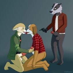 absurd_res anthro badger balls bodily_fluids bojack_horseman bottomless canid canine canis clothed clothing crying domestic_dog fennec_fox forced fox gay genitals gun handjob held_at_gunpoint hi_res humanoid_genitalia humanoid_penis inprogress male male/male mammal masturbation mustelid musteline netflix penile penile_masturbation penis ranged_weapon sex stan_(bojack_horseman) tears tongue trey_(bojack_horseman) true_fox weapon