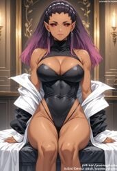 ai_generated artist_name bangs bare_shoulders black_dress black_hair black_leotard black_sclera blush breasts candle castlevania castlevania_(netflix) castlevania_nocturne cleavage cleavage_cutout closed_mouth clothing clothing_cutout coat colored_sclera covered_navel dark-skinned_female dark_skin dress drolta_tzuentes earrings elf female female female_only fingernails gradient_hair headwear highleg highleg_leotard indoors jacket jewelry jousneystudio large_breasts leotard lips long_hair long_sleeves looking_at_viewer multicolored_hair navel netflix off_shoulder open_clothes original parted_lips patreon_username pink_hair pink_nails pointed_ears purple_hair red_eyes sitting smile solo thighs