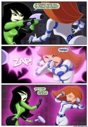 2females black_hair female gun kim_possible kimberly_ann_possible light-skinned_female red_hair rubber_suit shego shot