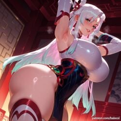 ai_generated armpits arms_behind_head arms_up balecxi blush detached_sleeves female green_eyes irelia_xan jewelry large_breasts league_of_legends long_hair looking_at_viewer multicolored_hair mythmaker_irelia mythmaker_series patreon_username smile solo thick_thighs thighhighs white_hair