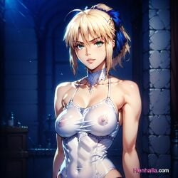 1girls ai_generated anime anime_girl artoria_pendragon artoria_pendragon_(fate) big_breasts breasts dress henhalla.com hentai solo solo_female young younger_female