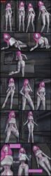 3d bald_female ballet_boots bondage collar comic corset defeated_heroine electric_shock english_text female gimp_suit immobilized light-skinned_female mannequin pink_wig rubber_doll rubber_suit shaved_head stripped_naked