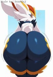 absurd_res ai_generated anthro ass big_butt blush butt_focus cinderace clothing female fur generation_8_pokemon hellsonger hi_res huge_butt lagomorph looking_at_viewer looking_back looking_back_at_viewer mammal nintendo pokemon pokemon_(species) rear_view shaking_butt simple_background solo text thick_thighs white_body white_fur wide_hips