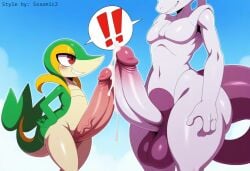 absurd_res ai_generated anthro balls big_balls big_penis blush bodily_fluids comparing comparing_penis cum cum_on_penis duo erection exclamation_point foreskin frottage generation_1_pokemon generation_5_pokemon genital_fluids genitals glans grin hellsonger hi_res huge_cock humanoid_genitalia humanoid_penis legendary_pokemon male male/male male_only mewtwo nintendo nude outside penis penis_size_difference pokemon pokemon_(species) precum red_eyes reptile retracted_foreskin scalie smile snivy thick_penis thick_thighs vein veiny_penis wide_hips