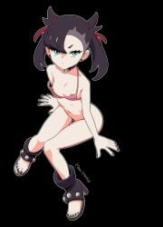 1girls asymmetrical_hair black_hair blue_eyes bottomless bra choker collar earrings female female_only flat_chest heels high_heels knees_together_feet_apart looking_at_viewer maho_malice marnie_(pokemon) mostly_nude myahogao navel nintendo nipple_slip no_panties painted_nails pokemon pokemon_ss shaved_pussy sitting small_breasts solo strap_slip