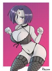 1girls blush dc female fishnet_legwear fishnets grey_body grey_legwear grey_underwear legwear purple_eyes purple_hair raccoonserver raven_(dc) short_hair solo solo_female stockings teen_titans thighhighs underwear