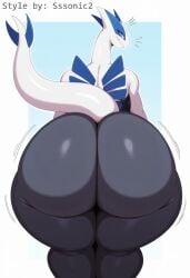 absurd_res ai_generated anthro anthrofied ass big_butt butt_focus clothing english_text female generation_2_pokemon hellsonger hi_res huge_butt legendary_pokemon looking_at_viewer looking_back lugia nintendo pokemon pokemon_(species) pokemorph rear_view simple_background smile solo text thick_thighs wide_hips