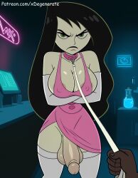 1boy 1futa ai_generated angry areola_slip arms_under_breasts big_breasts black_hair bondage cleavage collar covered_nipples crossed_arms dark-skinned_male dark_skin dress flaccid goth green_eyes interracial kim_possible leash leash_and_collar penis pov shego sideboob stable_diffusion