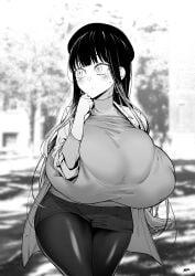 black_hair blush breasts_bigger_than_head casual_clothes coat fan_(f.w.zholic) female female_only looking_away massive_breasts original original_character tagme thigh_highs wide_hips