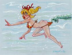 1girls ass bikini blonde_female blonde_hair butt creature dean_yeagle female green_eyes lagoon lips mandy_(dean_yeagle) minibikini red_lips red_ribbon ribbon ribbons twintails underwater