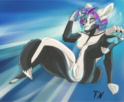 anthro black_fur blue_eyes breasts canine canine female freezeey fur mammal nipples nude pussy solo white_fur