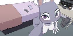 2:1 absurd_res anthro bed breasts computer condom disney electronics female furniture grey_body hi_res judy_hopps purple_eyes selfie sexual_barrier_device snachsugar solo zootopia