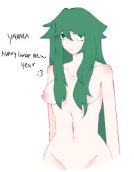 2025 alternate_universe boobs_out breasts colored english_text female_focus female_only front_view green_hair hair_covering_breasts happy_new_year_2025 long_hair looking_at_viewer naked naked_female no_pussy pale-skinned_female pale_skin saya_(saya_no_uta) saya_no_uta self_upload simple_background simple_coloring simple_shading solo solo_focus standing white_background yakara