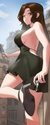 anime_style arms ass black_dress black_shoes boots breasts brown_eyes brown_hair building buildings car city clouds cracks crush crushed crushing day daytime debris destruction eyes_open fingers fog giantess hands holding_onto kkasi00 long_hair macrophilia mouth_closed picking_up pixiv roof shoes sky stepped_on vehicle walking white_skin windows