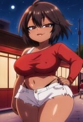 ai_generated busty civitai dark-skinned_female dark_skin denim_shorts hand_on_hip hassaku_xl helluva_boss huge_ass huge_breasts looking_at_viewer makeup milky_(helluva_boss) netokano red_shirt rockinranger seductive_look shorts shortstack smug t-rex_(animation_studio) thick_hips thick_thighs thong