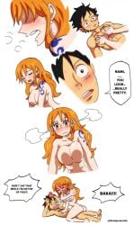 ass black_hair blue_tattoo blush breasts bubble_butt color cowgirl_position cute dialogue female male monkey_d_luffy muscles muscular muscular_male naked naked_female naked_male nami nami_(one_piece) no_nipples nude obscured_penetration one_piece orange_hair post-timeskip punch sex shampowrado tattoo wholesome wholesome_sex