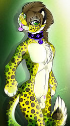 1boy animal_genitalia anthro balls collar fangs feline gard3r leopard male male_only mammal navel nude sheath simple_background smile solo teeth tongue tongue_out