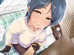 1boy 1girls age_difference alarm_clock aoi_tiduru bed bed_sheet bedroom big_breasts black_gloves black_pantyhose blanket blue_hair blush breast_grab breasts brown_eyes brown_hair bulge clock closed_mouth clothing collarbone crescent crotch_grab curtains erect_nipples erection erection_under_clothes eyebrows eyebrows_visible_through_hair female female/male floor gloves grabbing grabbing_another's_breast grabbing_penis guided_breast_grab guiding_hand hand_on_breast handjob handjob_over_clothes highres huge_breast indoor indoors jewelry large_breasts lips looking_at_viewer male/female male_pov massive_breasts medium_breasts mole mole_under_mouth motion_lines mouth_closed necklace necktie nipple_bulge older_female on_bed original pantyhose paper parted_bangs pendant penis_grab pillow pointy_chin pov pov_eye_contact pov_male room shirt shirt_tug short_hair short_hair_bangs sitting sitting_on_bed smile smile_at_viewer solo_focus sweat sweatdrop sweater touching_penis tsurime white_curtains white_pillow woman wooden_floor