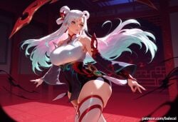 ai_generated balecxi bare_shoulders detached_sleeves earrings female green_eyes hair_ornament irelia_xan jewelry large_breasts league_of_legends long_hair makeup mythmaker_irelia mythmaker_series nail_polish red_nails solo thick_thighs white_hair white_thighhighs