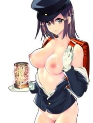 akitsu_maru_(kantai_collection) backpack bag black_eyes black_hair bottomless breasts breasts_out female gloves hair hat headgear ichimura_taichi kantai_collection lantern large_breasts military military_hat military_uniform nipples no_bra off_shoulder open_clothes open_shirt peaked_cap pussy randoseru remodel_(kantai_collection) shirt short_hair smile solo uniform white_gloves