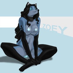 anthro anthro_only bioluminescence blue_eyes blue_fur canine collar female fox fur glowing mammal night_fox nipples nude pubes pussy sitting solo splatterbunny