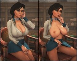 3d areolae bare_legs big_breasts bioshock bioshock_infinite blue_eyes breasts breasts_out brown_hair busty choker cleavage comic elizabeth_comstock female female_focus female_only flashing flashing_breasts flashing_pussy going_commando hourglass_figure long_hair miniskirt nipples open_shirt pinup pinup_pose ponytail pubes pubic_hair pussy shirt sitting skirt skirt_lift solo trimmed_pubic_hair vagina wide_hips wildynsfw