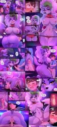 animatronic_female back_view big_ass big_breasts blush comic completely_nude dick_in_pussy five_nights_at_freddy's:_security_breach horny_female roxanne_wolf_(fnaf) security_guard size_difference taking_clothes_off text_bubble vaginal_penetration wolf_ears wolf_girl wolf_tail