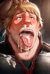 after_fellatio after_oral ai_generated bara big_breasts blonde_hair cum cum_drip cum_in_mouth cum_inside cum_on_breasts cum_on_face cum_through_nose disney frozen_(film) frozen_2 hair_grab human_only kristoff_(frozen) large_breasts male_only stray_pubic_hair stubble tongue_out